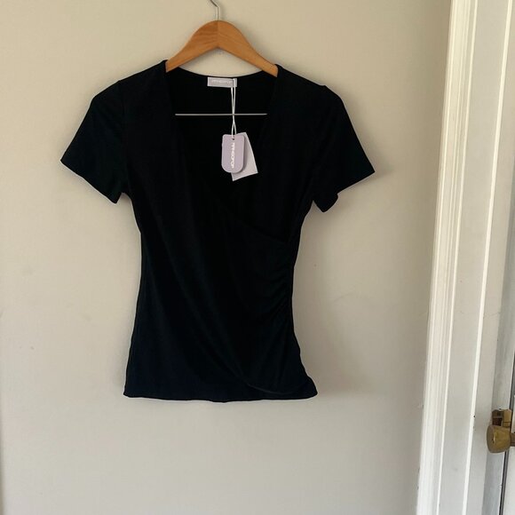 NWT MANGOPOP Cross Wrap Ruched Plunge Deep V Neck Slim Fit Short Sleeve Sz Med - Picture 2 of 6